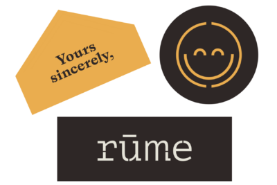 Rūme stickers yours sincerely, smily face and logo