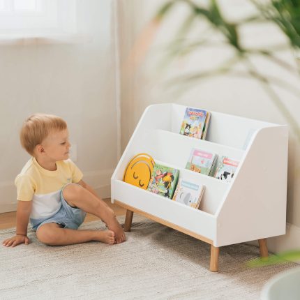 white wooden front facing kids book shelf